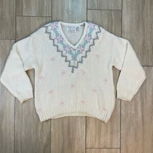 Vintage Sarit Hand Knit Ramie Sweater 80s Fair Isle Pastel Floral Pullover S